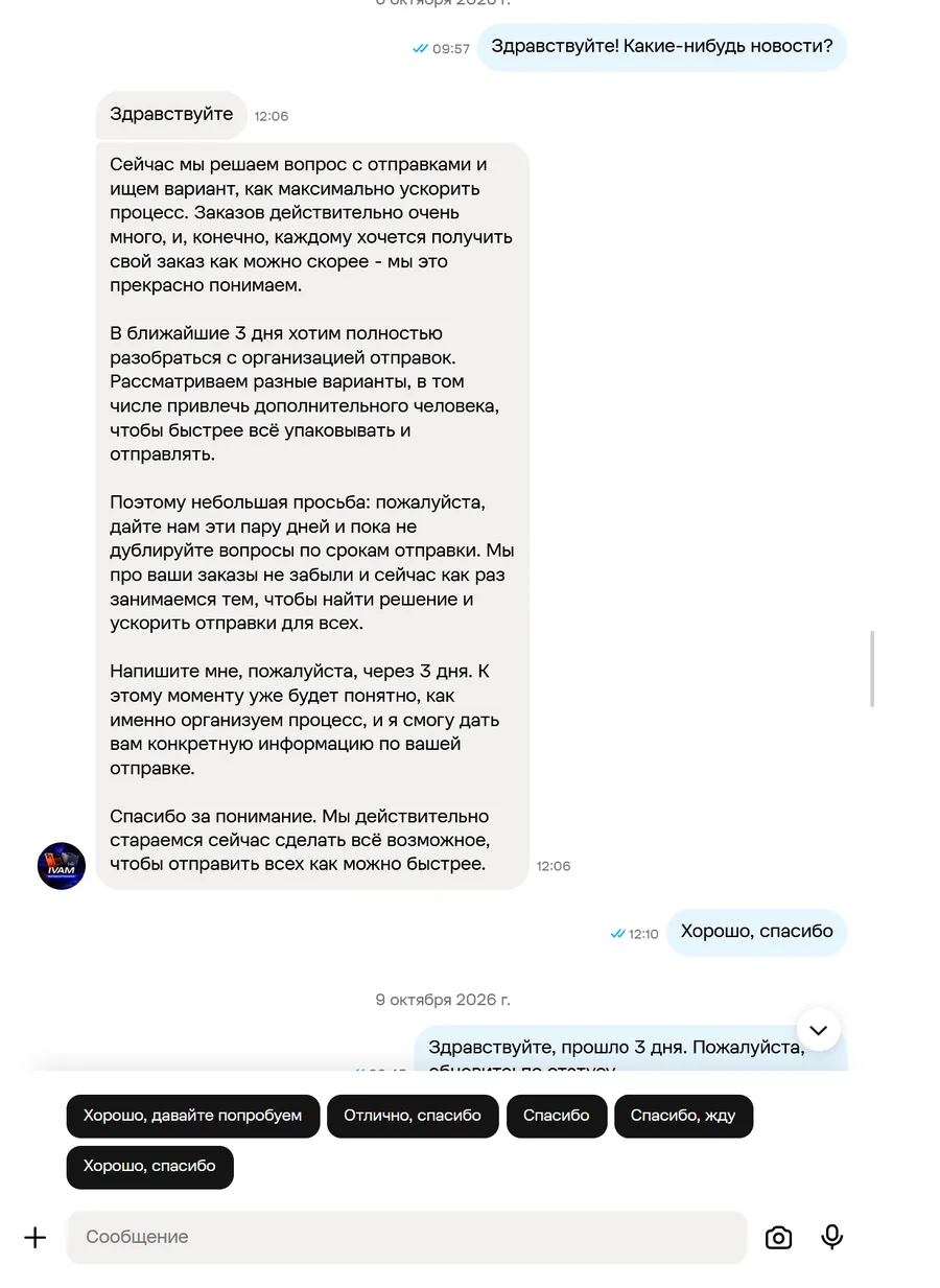 Скриншот переписки с продавцом IVAM, лист 11